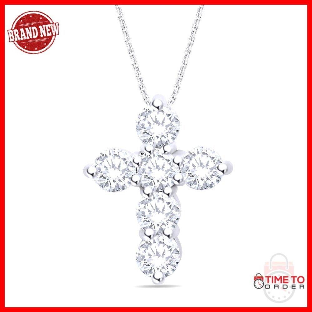Round Cut Moissanite Cross Pendant Necklace 14K Gold Over Silver Elegant